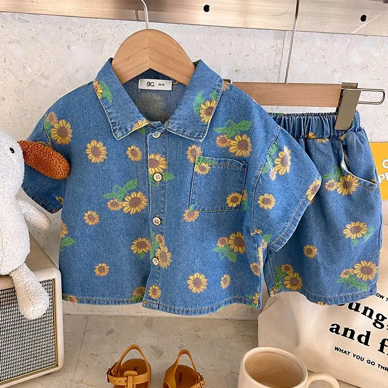Summer Girls Boys Casual Two Pieces Jeans Suit Baby Kids Children Denim Clothing Set Blouse Shorts 250319