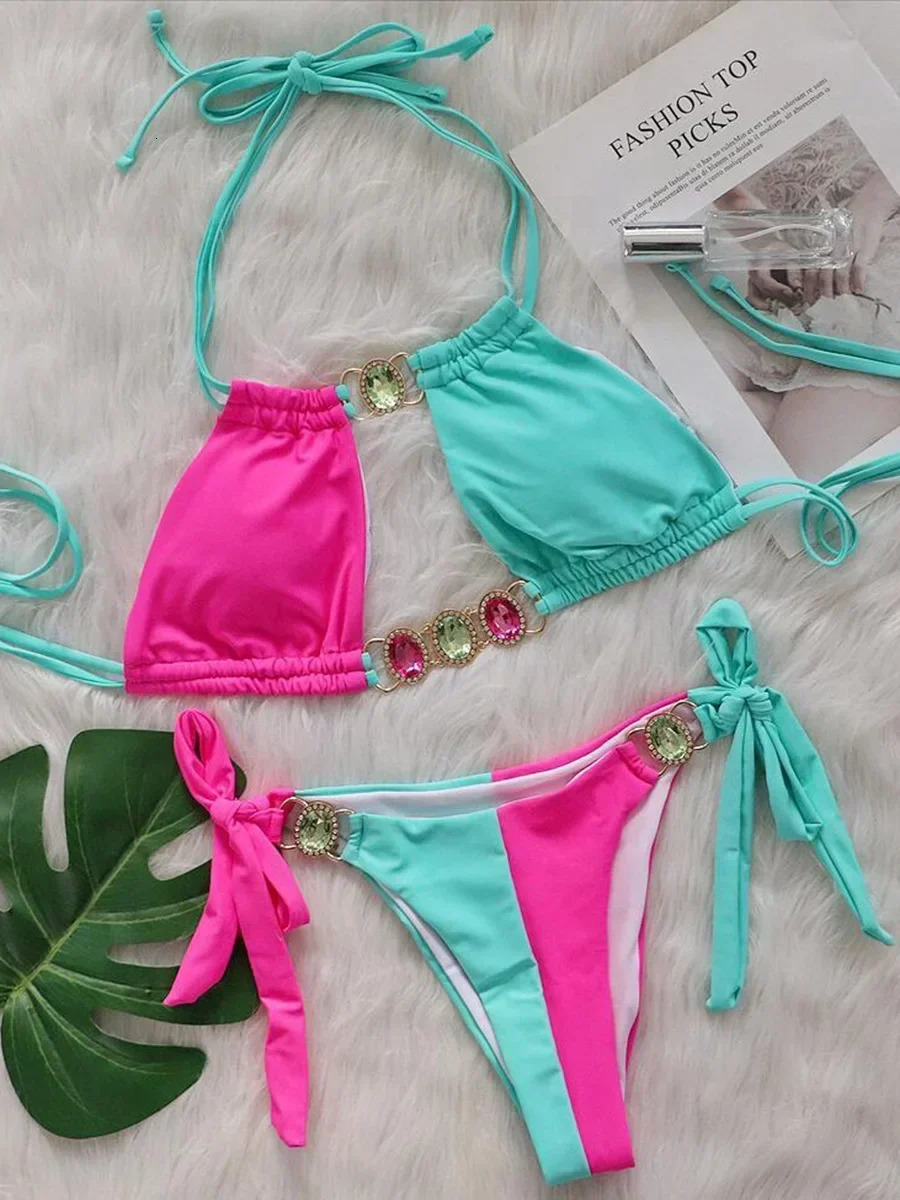 Splicing Halter Jewelled Diamond Bikini 2025 Women Swimsuit Female Swimwear Two Pieces Bikini Set Hollow Out Bathing Suit Swim 250320