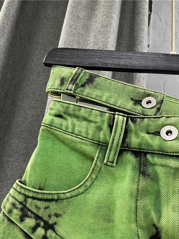 DEAT Fashion Womens Personalized Double Waist Design Green A-line Denim Skirt Asymmetric Hot Girl Short Skirts Spring 17A1759XJ250320