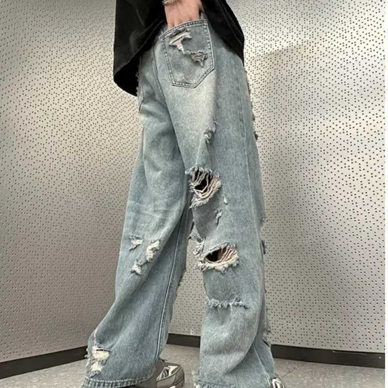 Vintage Distressed Straight-leg Jeans American Style Slimming Bell Bottoms Loose Fit High-waisted Summer Thin Version For MenT250319
