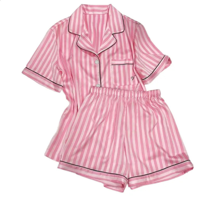 Large Size Women Pajamas Set Short-Sleeved Student Homewear Two-Piece Cardigan Lapel Senior Sense of Striped Short-Sleeved Short 250319