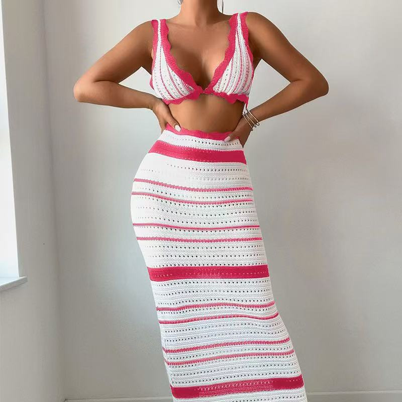 Striped two-piece women's knitted camisole wrapped chest top, half skirt fashion set for women