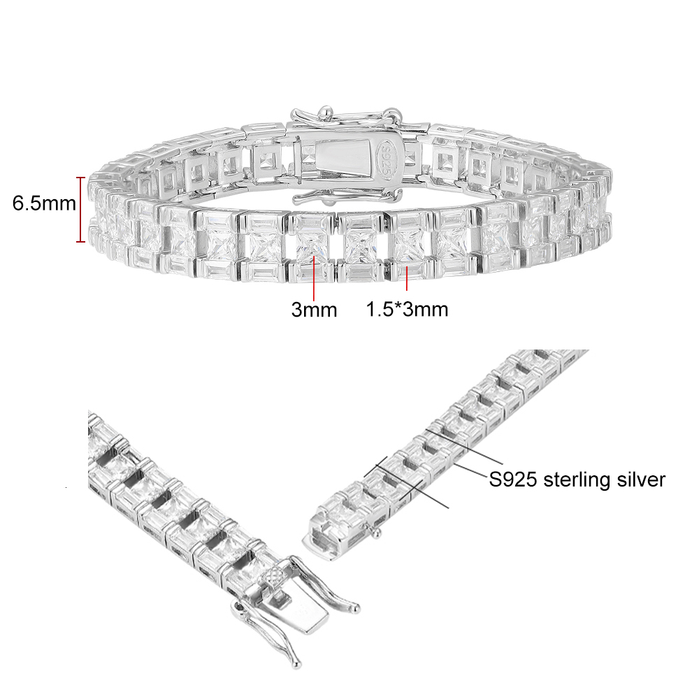 FEOBUR 6.5mm Baguette Tennis Bracelets S925 Sterling Silver High Carbon Diamond Bracelet for Women Men Original Fine Jewelry