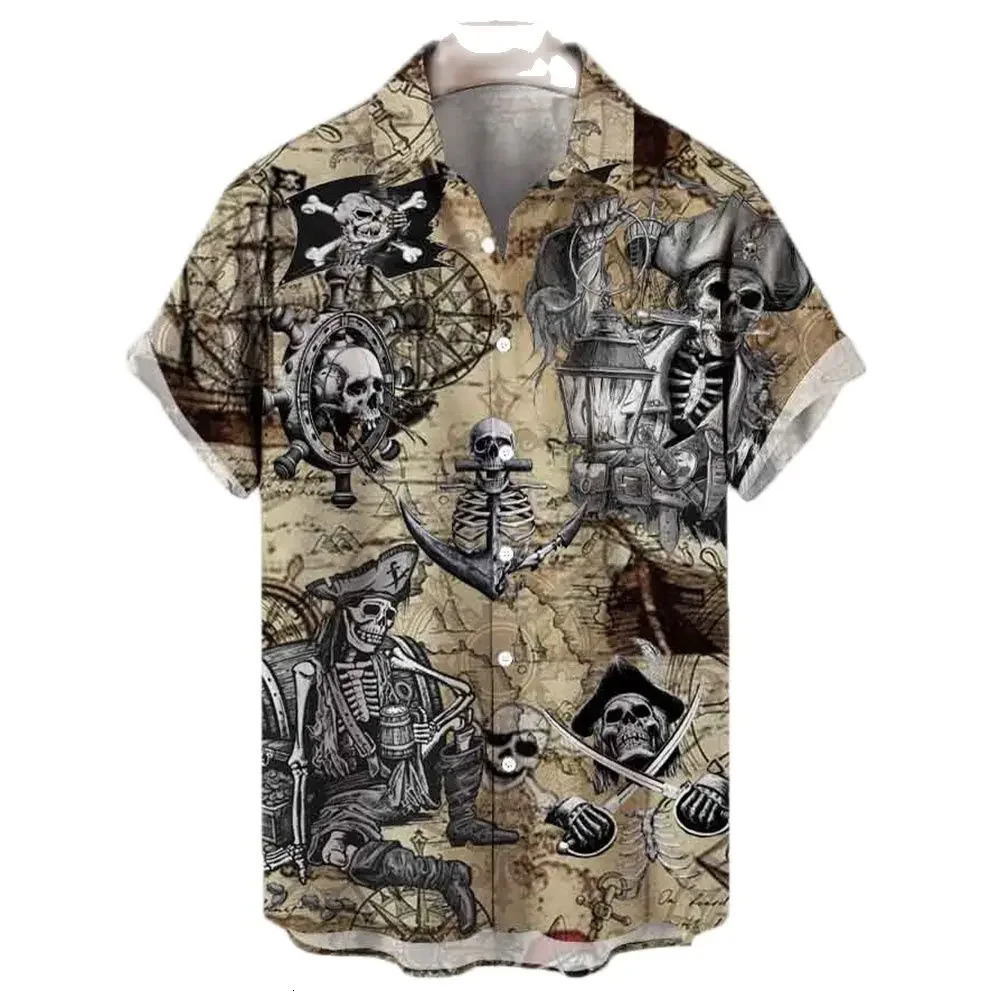Mens sailboat skull print shirt Hawaii fashion casual rock print plus size top beach mens clothing 250318