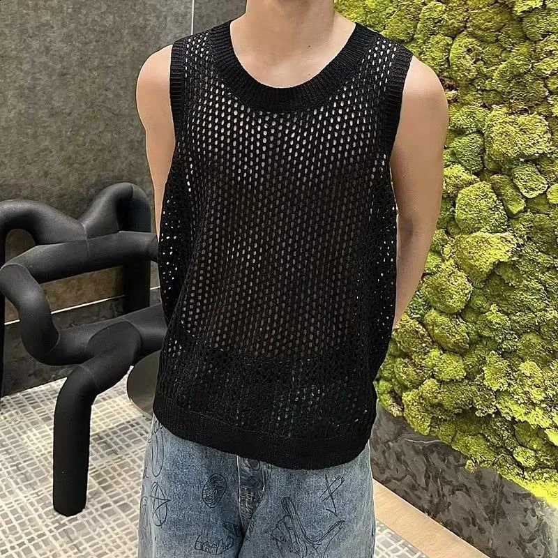 Summer hollow mesh knitted mens vest thin sports street fashion casual sleeveless O-neck oversized T-shirt top daily black and white 250318