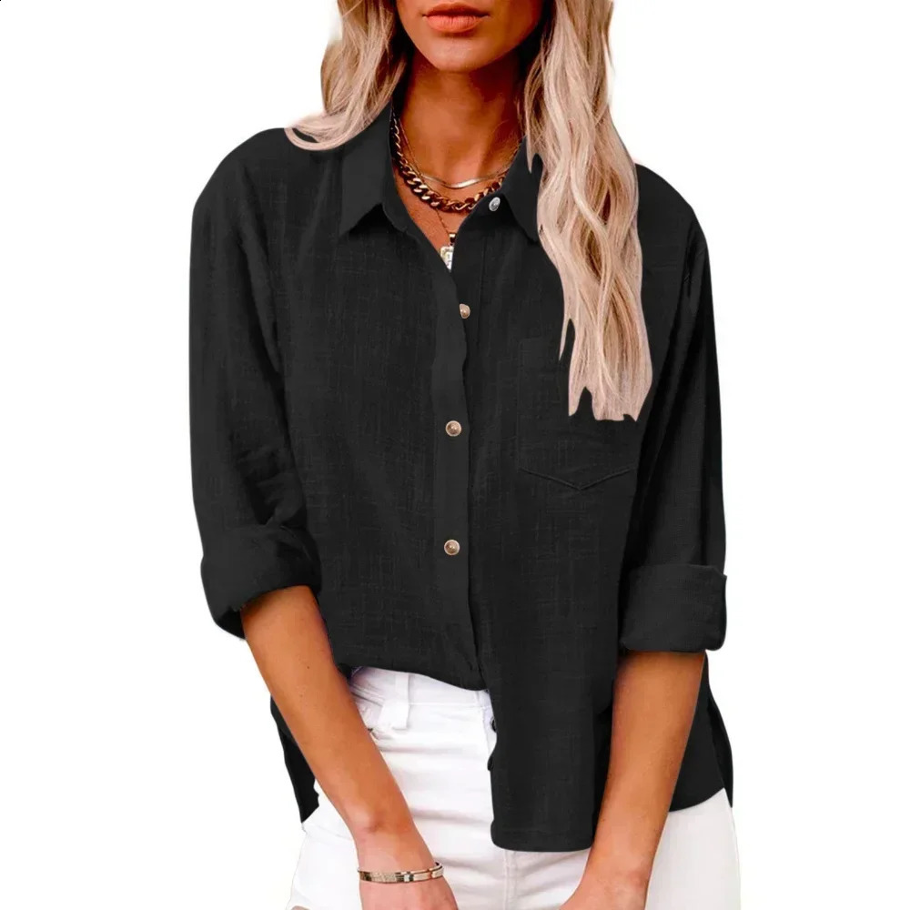 Cotton Linen Long Sleeve Shirts for Women T Shirt Solid Fashion T-Shirt Woman Clothes Tshirt Elegant Casual Tops Tees Streetwear 250314