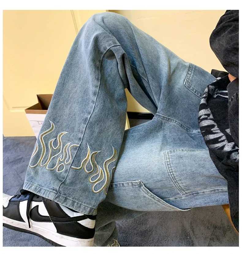 2024 new autumn mens street hip-hop loose wide leg pants Y2k Harajuku style pocket straight jeans black blueT250319