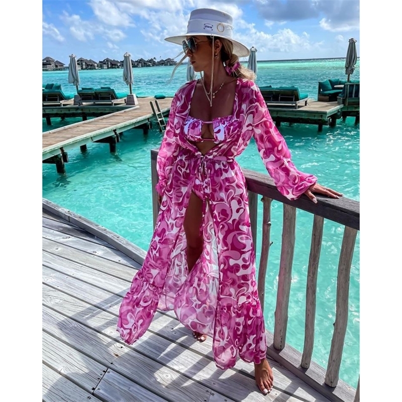 swimsuit cover Kaftan Tunic dress print chiffon Pareo kimono summer womens beachwear cardigan set w250313