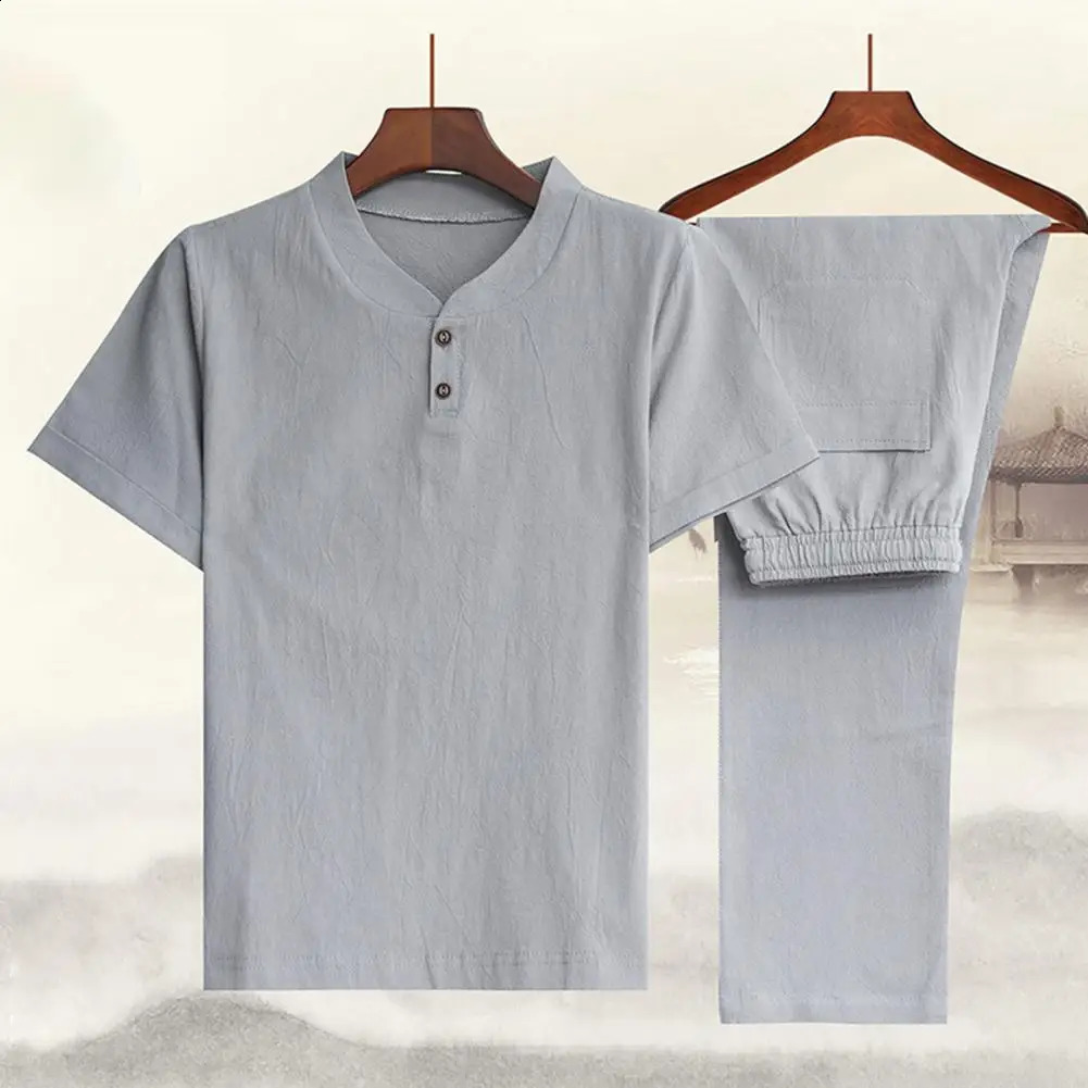 Summer Fashion Men Shirts Trousers Set Cotton And Linen Shirts Short Sleeve Mens Casual Top Pants Men Outfit M-4XL 250319