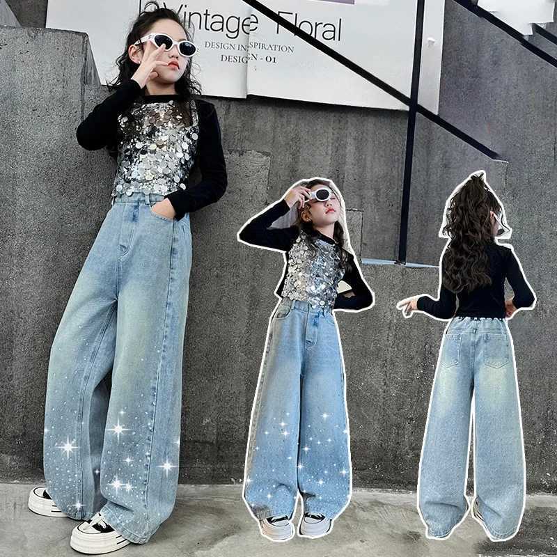 Girls outfit Spring 2024 new sequined jazz top with diamond Star denim pants fashion runway wear Kids Straight Wide Leg TrousersT250326