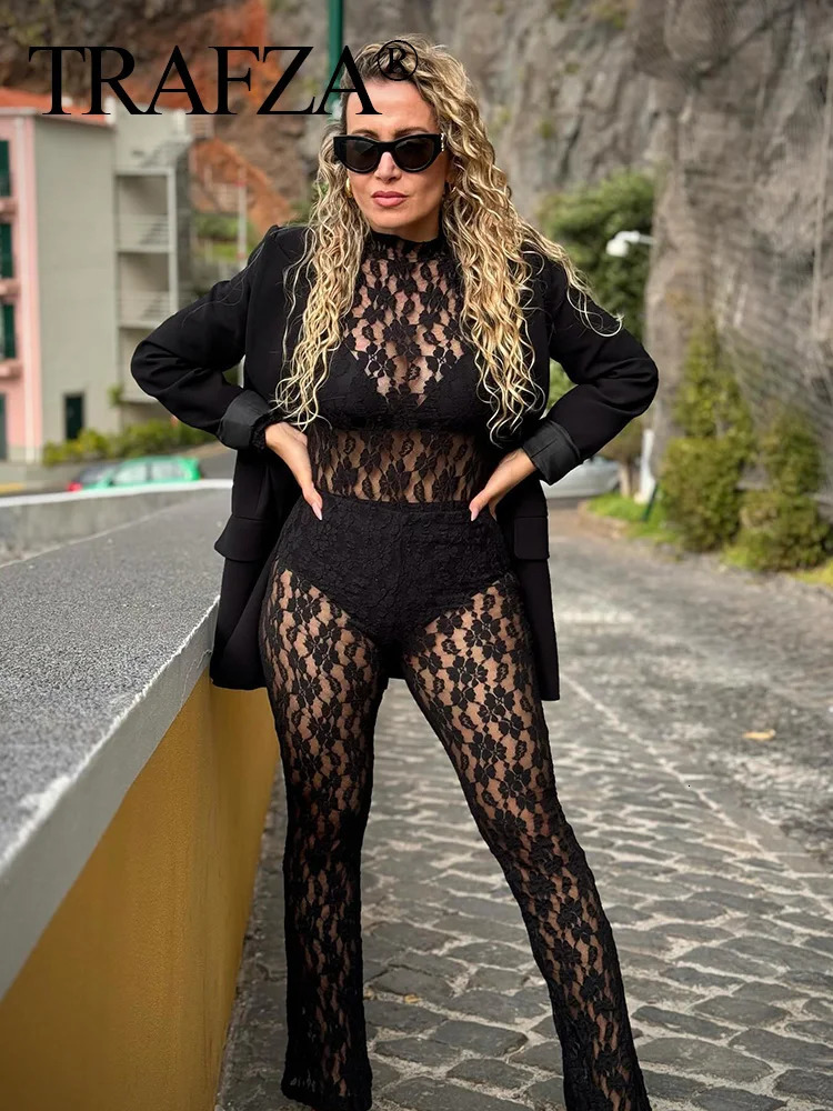 TRAFZA Womens Sexy Lace Set Elegant High Collar Long Sleeve Tight Coat Hollow Top Womens Fashion Elastic Waist Pants 250320