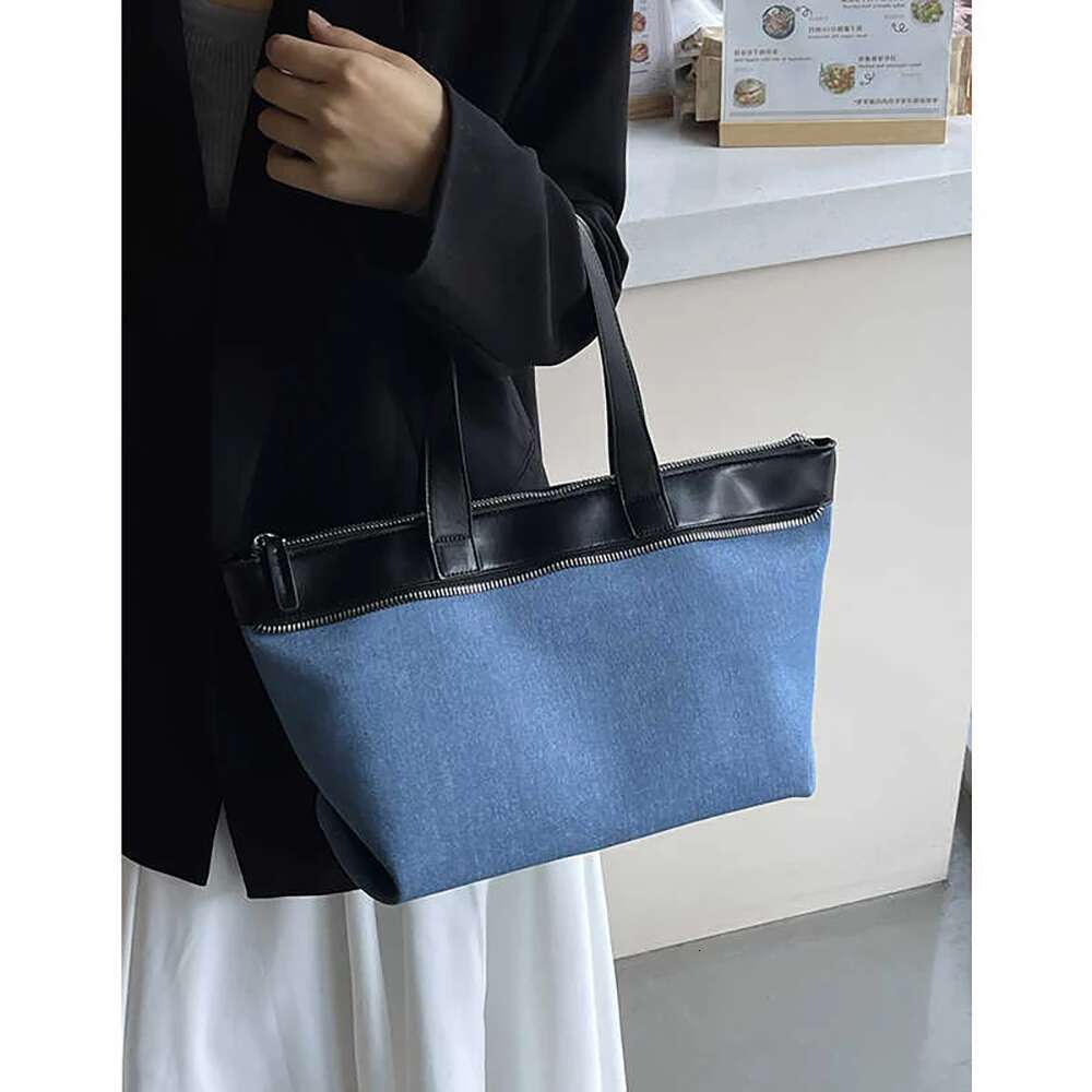 Women Large Capacity Shoulder Bags 2025 Casual Contrast Denim Blue Totes Bag Lady Versatile Commuting Daily Pack Hand-Held Tote