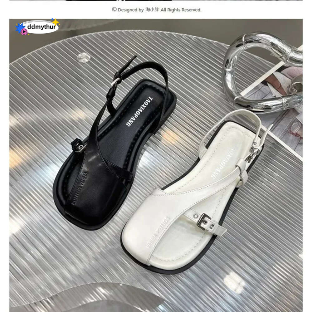 2024 Summer New Baotou Hollow Soft Leather Flat One Word Buckle Casual Fashion Women Platform Sandals ddmythur