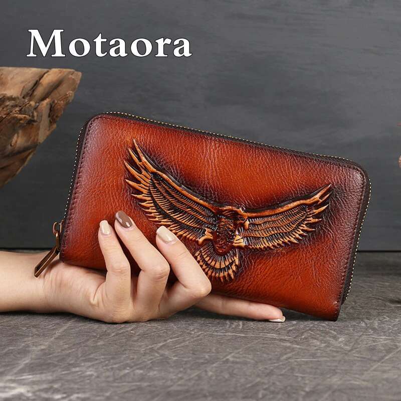 MOTAORA New Retro Cowhide Coin Wallet Men Large Capacity Card Holder Genuine Leather Emed Long Zipper Bag For Women Purse