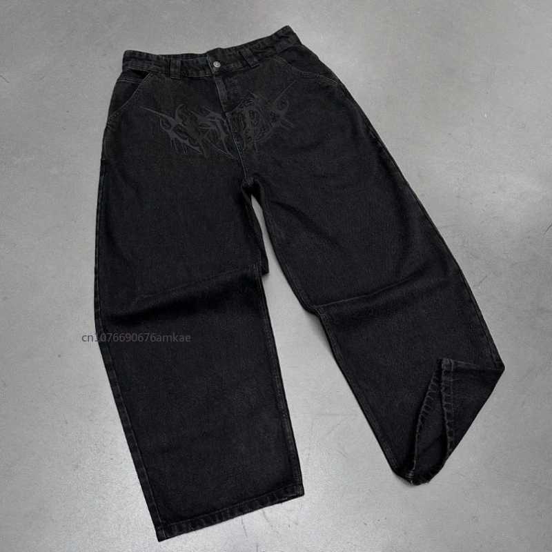 Black cotton jeans womens new dark personality pattern printed straight pants loose autumn and winter street couple jeansT250319