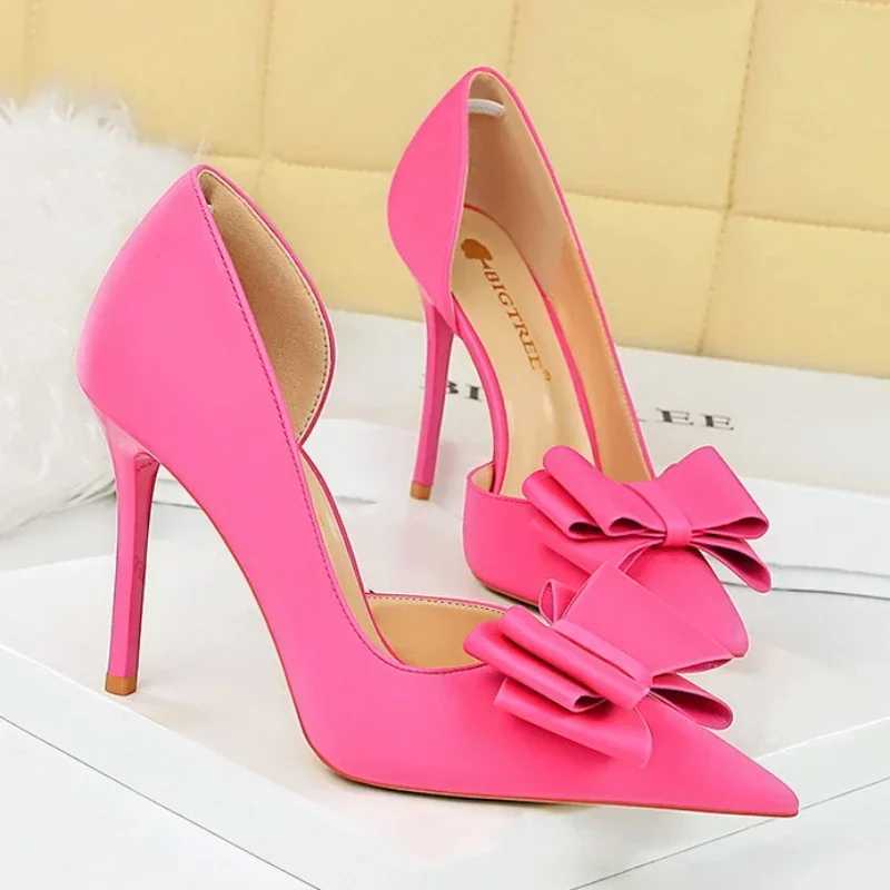 2024 temperature 10.5cm high H sweet Korean side hollow pump womens party purple green Kai bow knot H Pr silk satin shoes Y250319