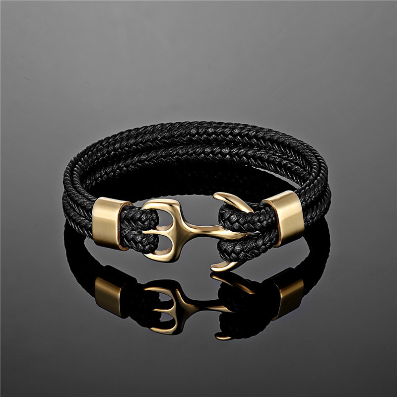 Stylish Men's Black Braided Leather Bracelet Featuring Anchor Motif in Titanium Steel