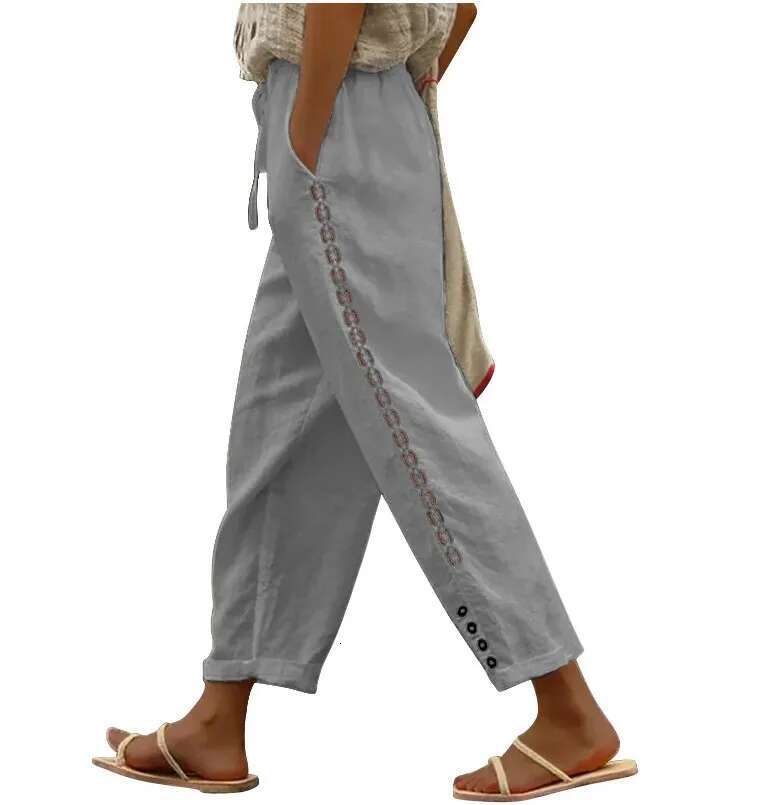 Women Fashion Embroidered Lace Trousers Vintage Lace-Up Pockets Summer Elegant Loose Elastic Waist Long Pants Streetwears