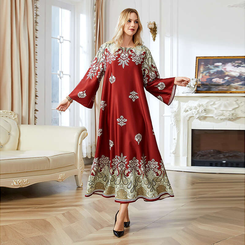 Muslim Women's Robe Summer New Printed Positioning Long Evening Dress