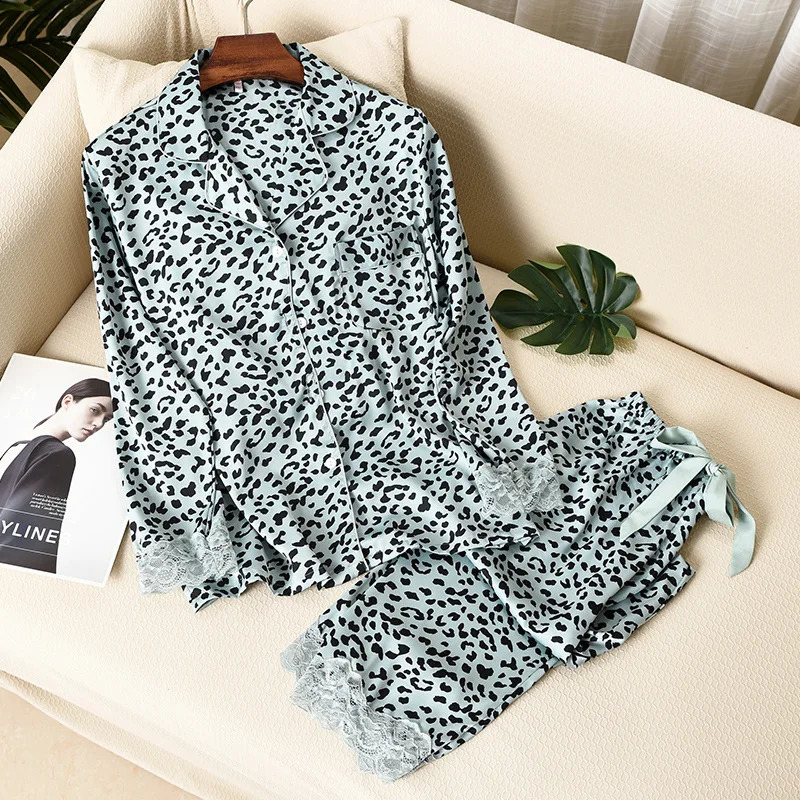 Lisacmvpnel Leopard Print Women Pajama Set Ice Silk Soft Touch Long Sleeve Suit Pyjamas 250319