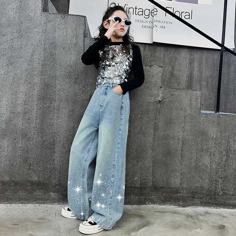New Childrens Girls Wide Leg Jeans Spring Fashion Rhinestone Shiny Elastic Waist Pants Casual Childrens Denim ShortsT250326