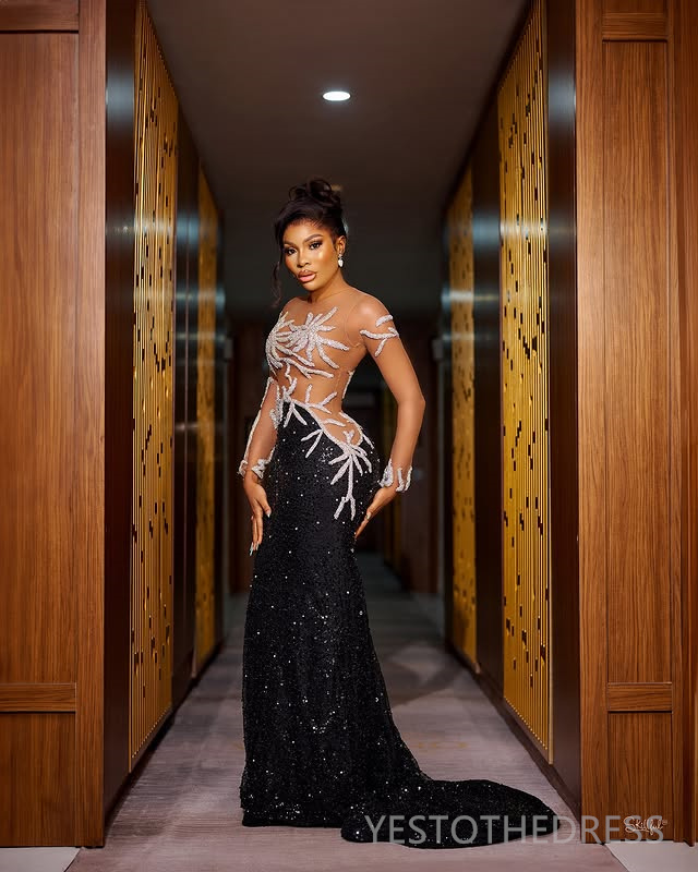 Aso Ebi Black Prom Dresses 2025 Mermaid Prom Dress For Special Occasions Sheer Neck Long Sleeves Illusion Beaded Lace Birthday Second Reception Gowns 