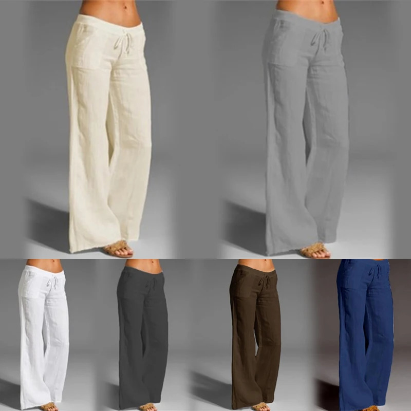Women Cotton Linen Wide Leg Pants Fashion Elastic Drawstring Waist Straight Long Pants Loose Casual Solid Pockets Trousers 250320