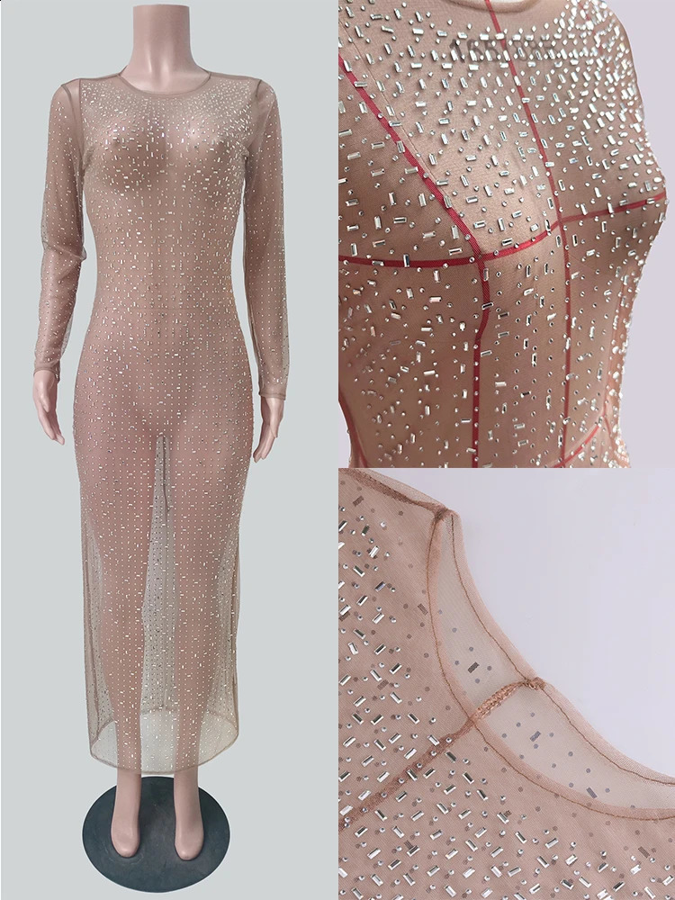 Fantoye Sparkling Diamond Womens Maxi Dress See Through Mesh High Seam Evening Tight Elegant Party Club 250317