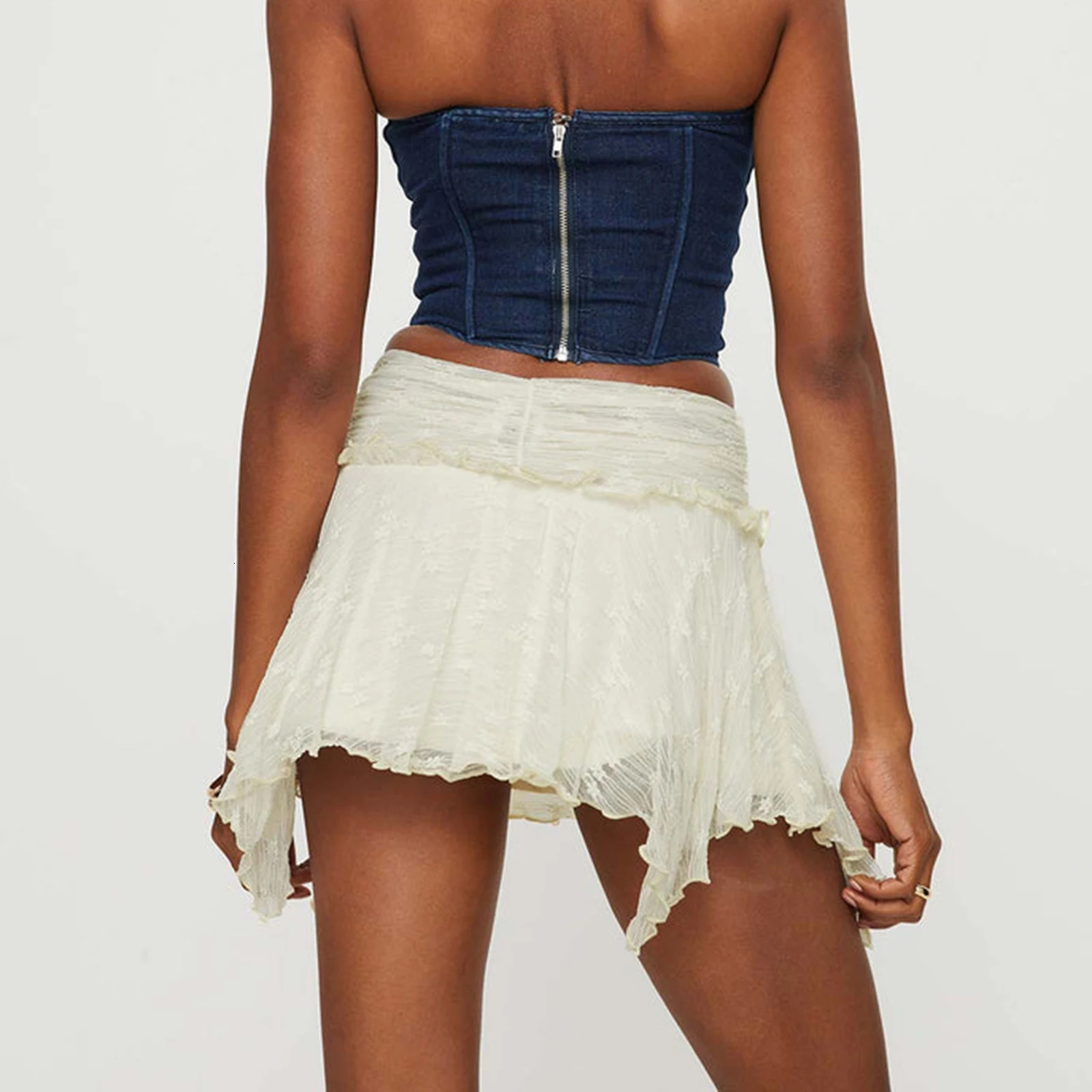 Womens Solid Color Gothic Mini Skirt Lace Ruffle High Waist Skirt Spring/Summer Irregular Hem Casual Skirt 250317