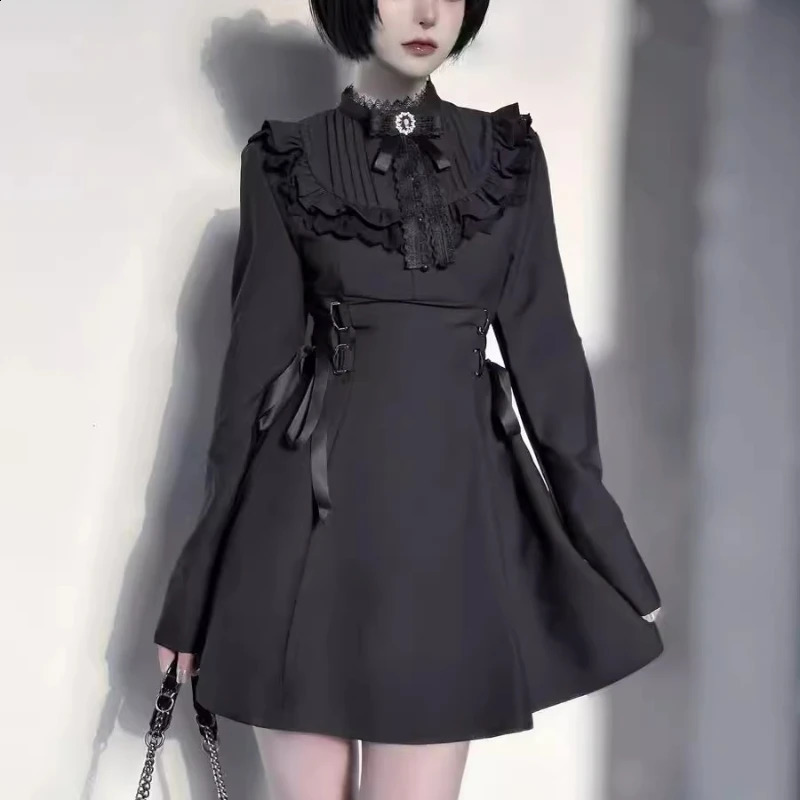 Japanese Gothic rhinestone bow dress womens lace pleated long sleeved ultra-thin bandage dress Y2k aesthetic party mini dress 250314