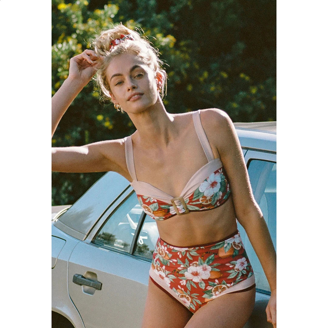 Sexy floral bikini high waisted swimsuit womens push up 2025 retro Biquini twopiece beach suit Fe 250319