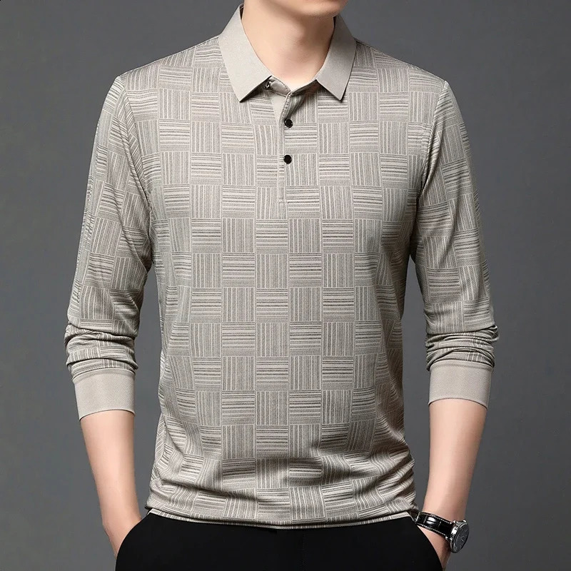 Mens business casual long sleeved solid color polo shirt fashionable breathable and comfortable Versatile top 250318