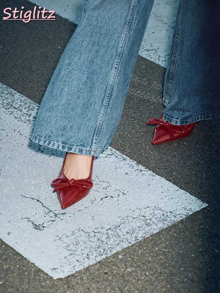 Sexy red dot toe pump knot shallow high H French slider - Me 2025 Wenfei dress shoes Y250319