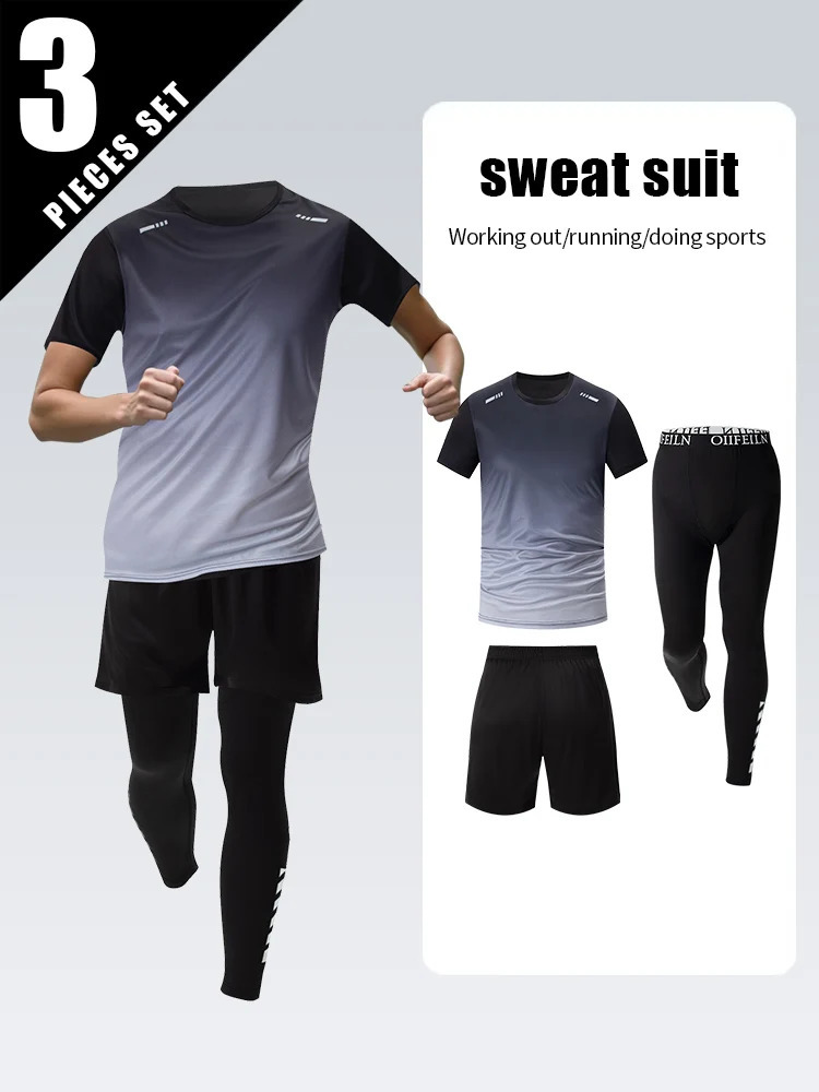 3 Pcs Mens Quick-drying Sports Gradient Suit Leisure Sports Running Short Sleeve Comfortable Sun Protection Pants Joker Shorts 250319