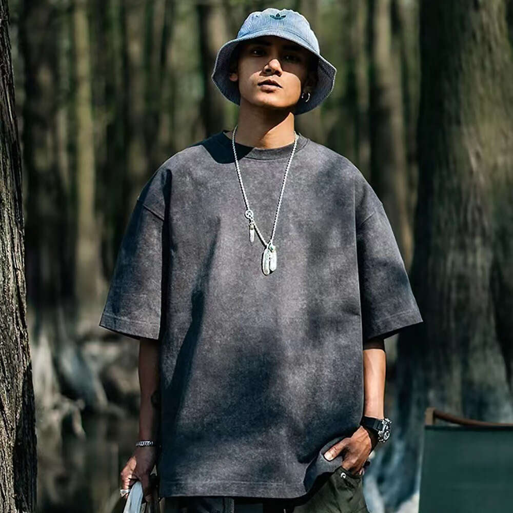 230g Washable Old Short Sleeve T-shirt for Men Versatile Solid Loose Round Neck Fashion Brand Top ins