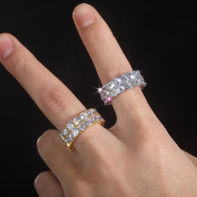 Top Quality 2 Rows 5mm 0.5ct Moissanite Rings Men Hip Hop Jewelry 100% Sterling Silver 925 Bling Gold Plated 18K Ring Gift
