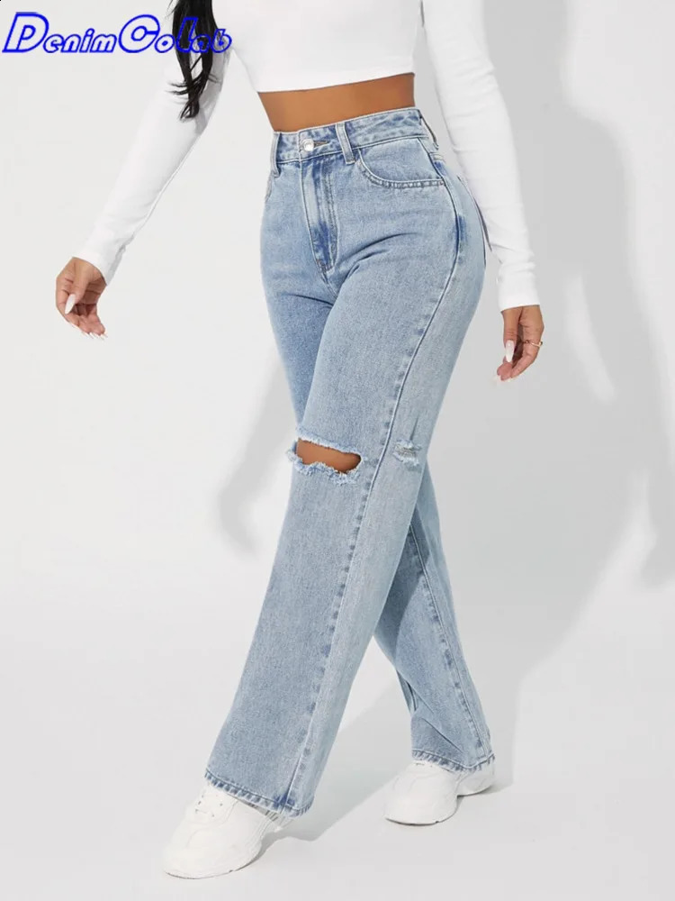 Denimcolab high waisted straight pants fashionable hole knee jeans womens loose boyfriend jeans womens streetwear 250314