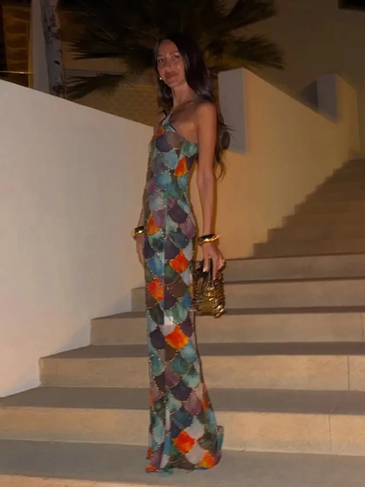 Vintage Women Contrast Color Halter Long Dress Fashion Sleeveless Bodycon Printed Robe 2025 Chic Spring Lady Party Beach Dresses 250319