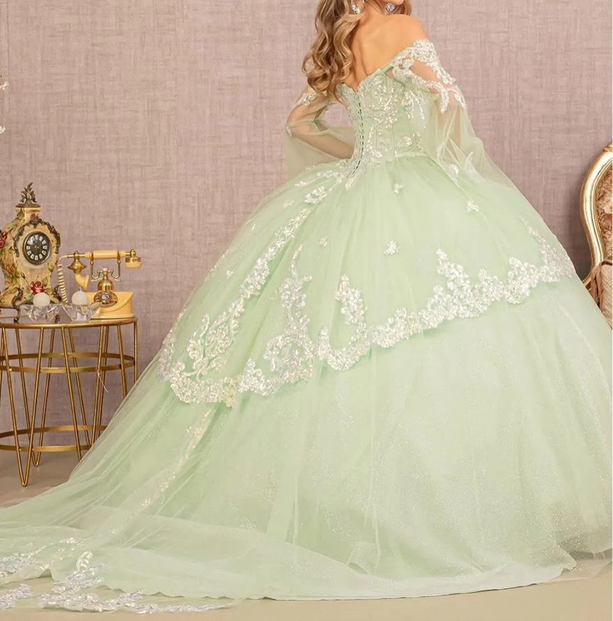 Green Elegant Mint Quinceanera Dresses Ball Gown Off Shoulders Lace Appliques Crystal Beads Sweeteart Corset Back With Bow Sash Sweet Dress