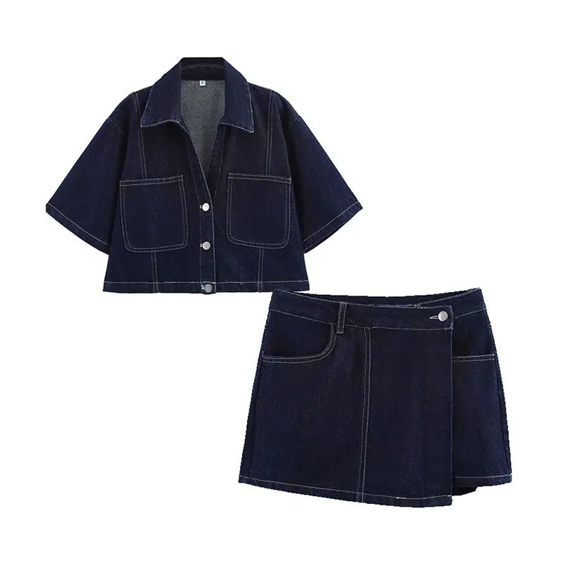 Summer denim twopiece set short sleeved pocket womens top mini skirt shorts fashionable casual Y2K 250320