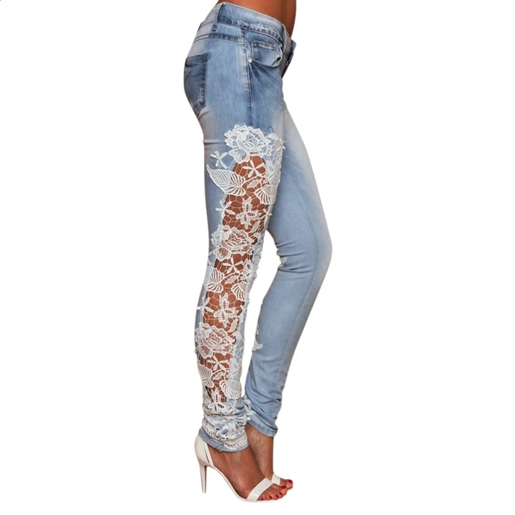 Denim WomenS Jeans Lace Hollow Out Appliques Transports Match Pencil Floral Fashion Pants Jeans Push Up Leggings Y2k Clothes 250319