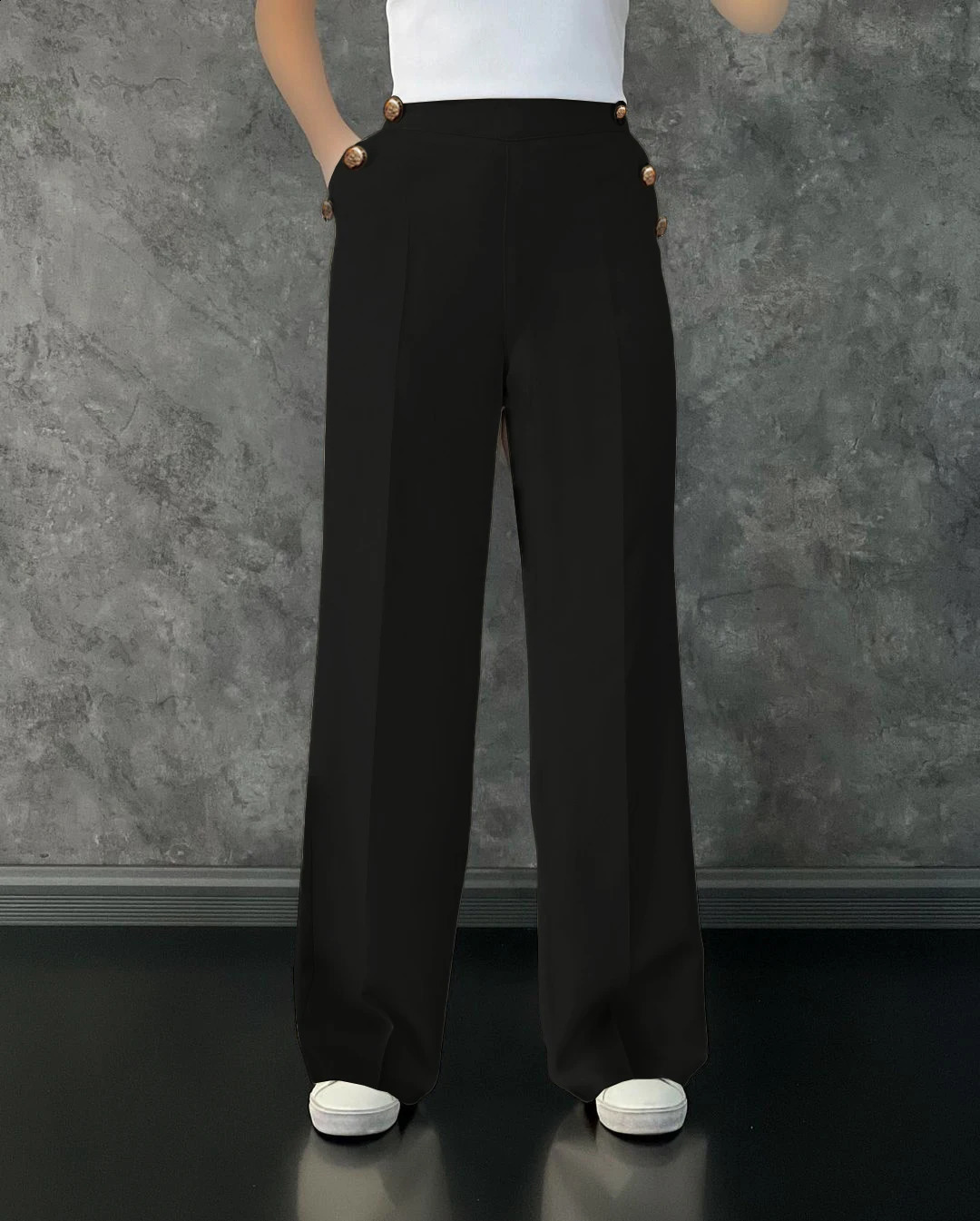 Ladies AutumnWinter Black Elegant Casual Loose Button Set Jacket and Elastic Waist Pants Two Piece 250319