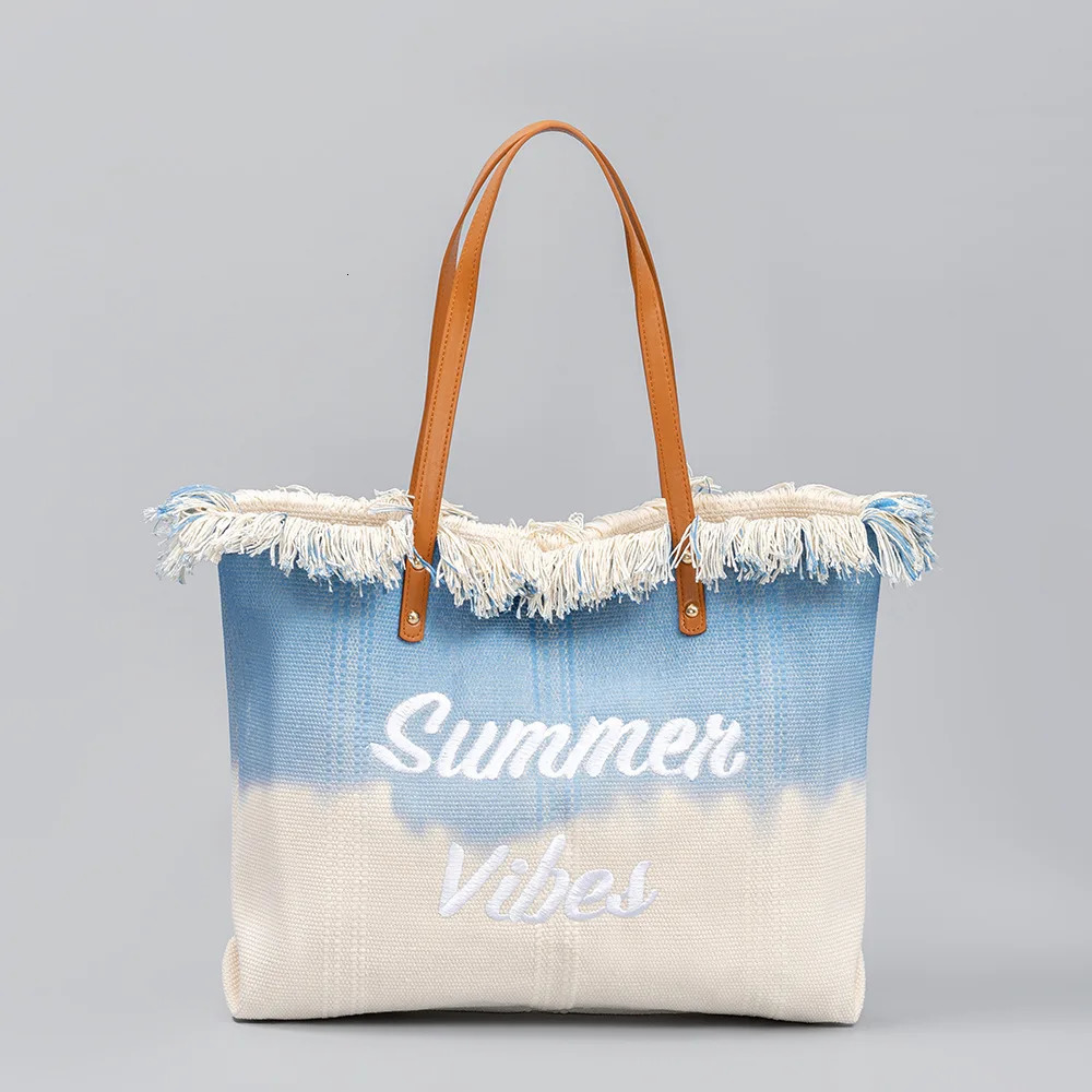 2024 New Womens Handbag Embroidered Letter Tassel Design Fresh Gradient Color Large Capacity Tote Shopper Travel Bag Beach Bag R250320