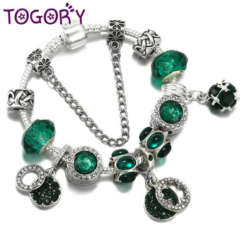 Original Charm Bracelet For Women Green Crystal Glass Beads Pendant DIY Snake Chain Bijoux Pulseras Jewelry Gift Dropshipping