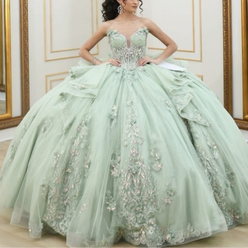Mint Green Shiny Off Shoulder Quinceanera Dresses Applique Lace Beads Tull Corset Party Birthday Sweet 16 Dress Vestidos 15 De anos