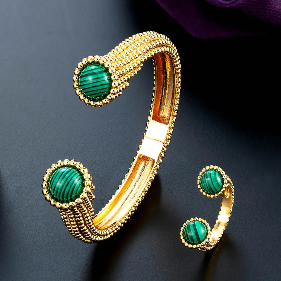 Zlxgirl High Quality Green Blue Turquoise Gold Plated Bracelet Ring Set of Womans Wedding Jewellery Fine Anniversary Bangle 250320