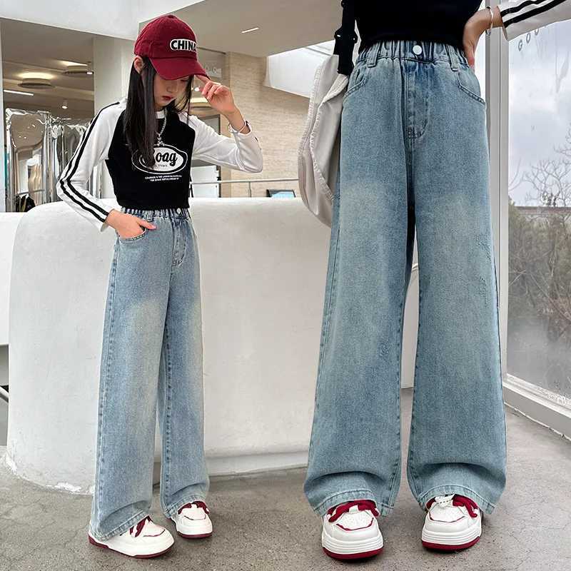 Girls denim wide leg pants for spring and summer 2024 loose Korean version childrens jeans casual straight leg pants 120-170cmT2502320
