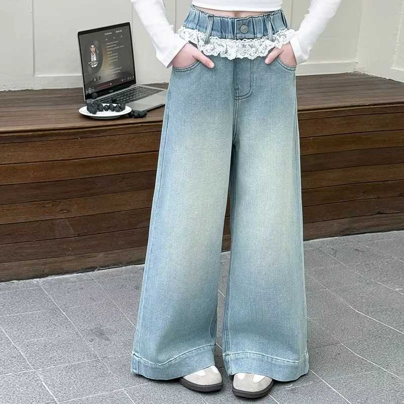Spring Autumn New Lace Design Girls Casual Jeans Middle Waist Denim Wwide leg Pants Kid Clothes For Girls 6 8 10 12 14YearsT2502320