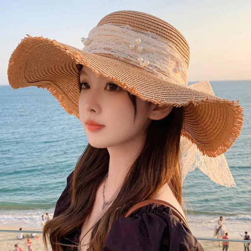 Beach Straw Hat For Women Summer Korean Style Large Brim Sun Protection Cap With Lace Pearl Versatile Fashion Vacation Beach Hat 250320