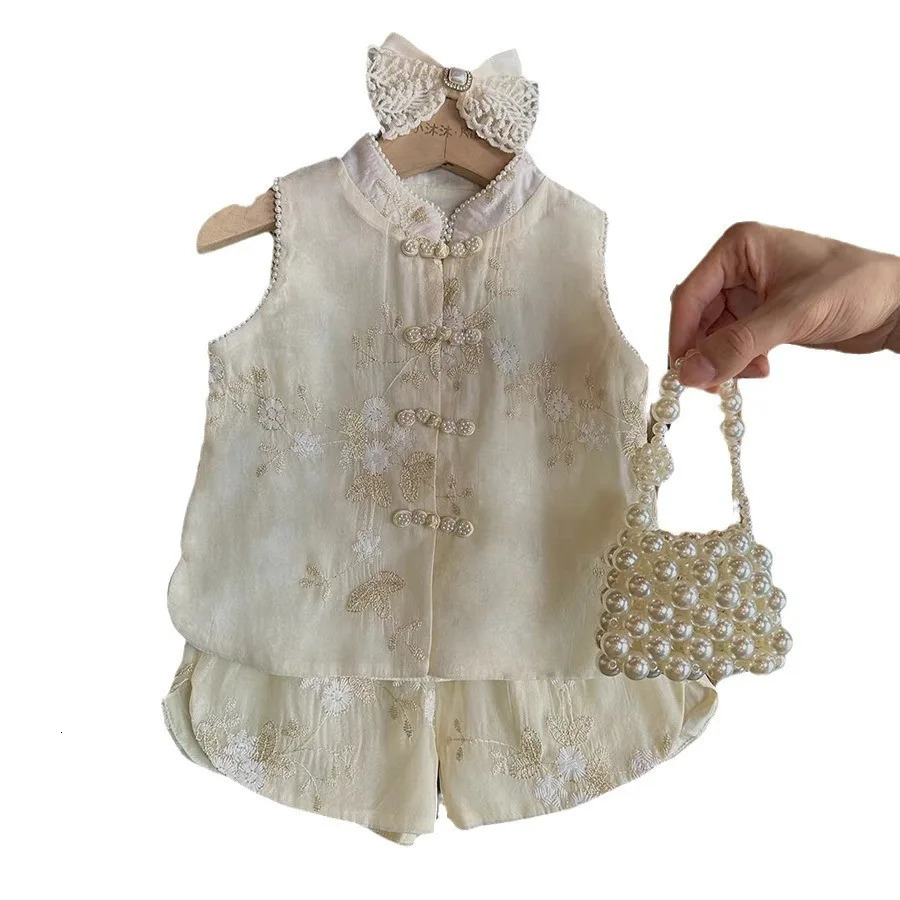Summer childrens and girls twopiece clothing set retro floral print antique button sleeves blue elastic waist shorts baby 250319